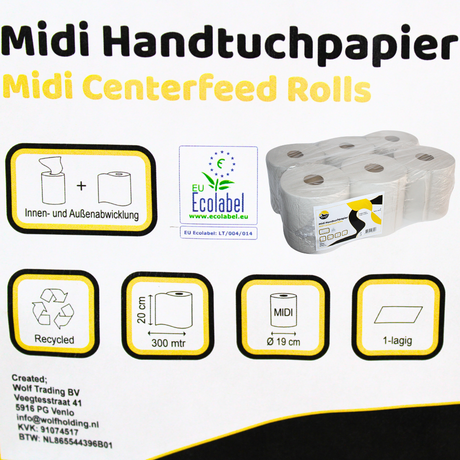 Poetsrollen 300M Midirollen gerecycled  1-laags - 6 stuks