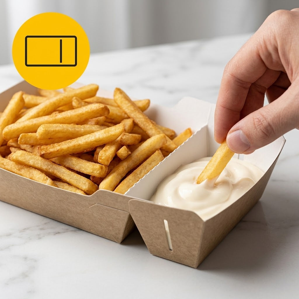 Frietbakjes met Sausvak, Snackbakje A23 (A7+1) Karton Kraft/Wit – 142 × 65 × 35 mm