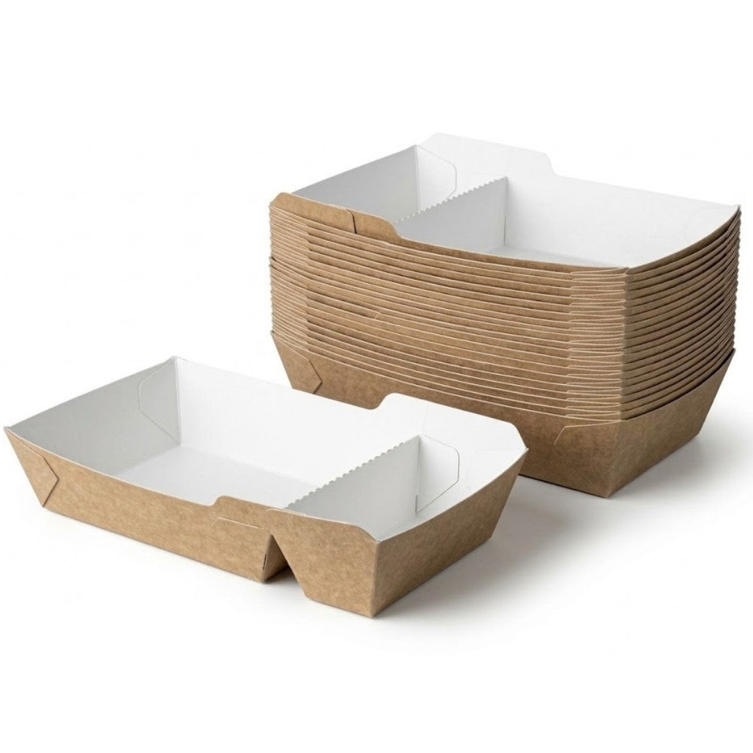 Frietbakjes met Sausvak, Snackbakje A23 (A7+1) Karton Kraft/Wit – 142 × 65 × 35 mm