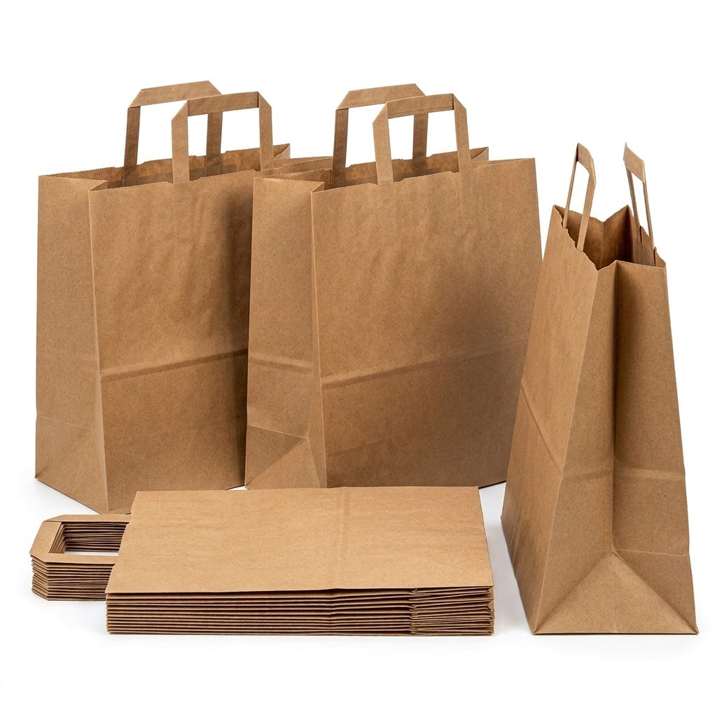 Papieren draagtassen medium 26x17x25cm bruin – tasjes horeca - plat handvat