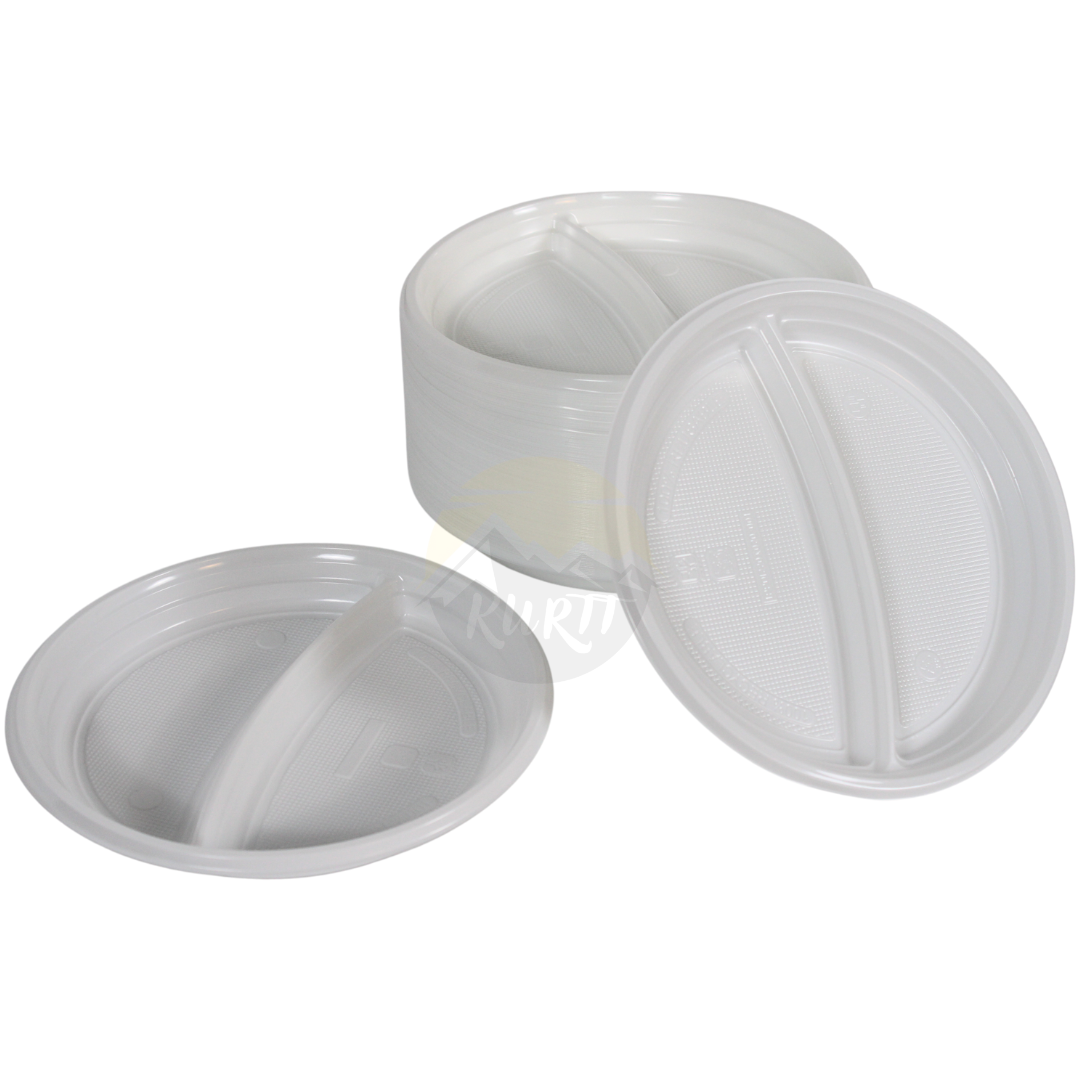 White plastic plate, 22cm, 2 compartments - 100 pieces incl. SUP