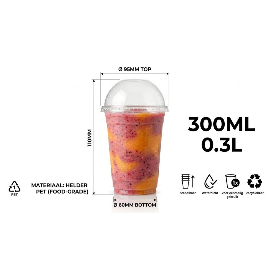 100x Smoothiebekers met Deksel 300ml Transparant Plastic
