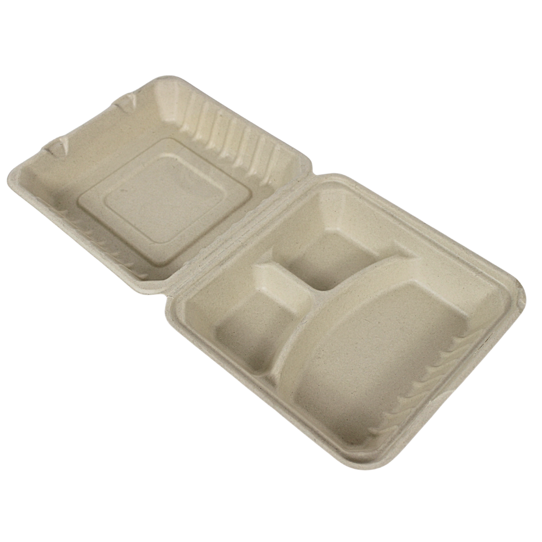 Bagasse Menubox 3-vaks Bruin 236x231x81 mm – 100 stuks