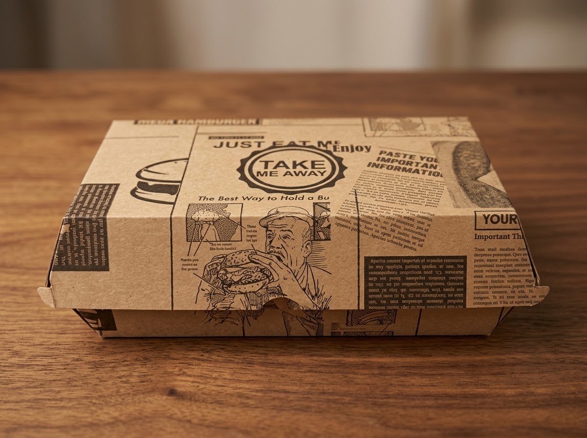 Gesloten kraft hamburgerdoos met krantenprint op een houten tafel