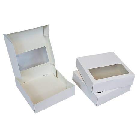 Gebaksdoos met venster wit 19x19x5 cm – 300 stuks | Doos voor 4 gebakjes & bento cake