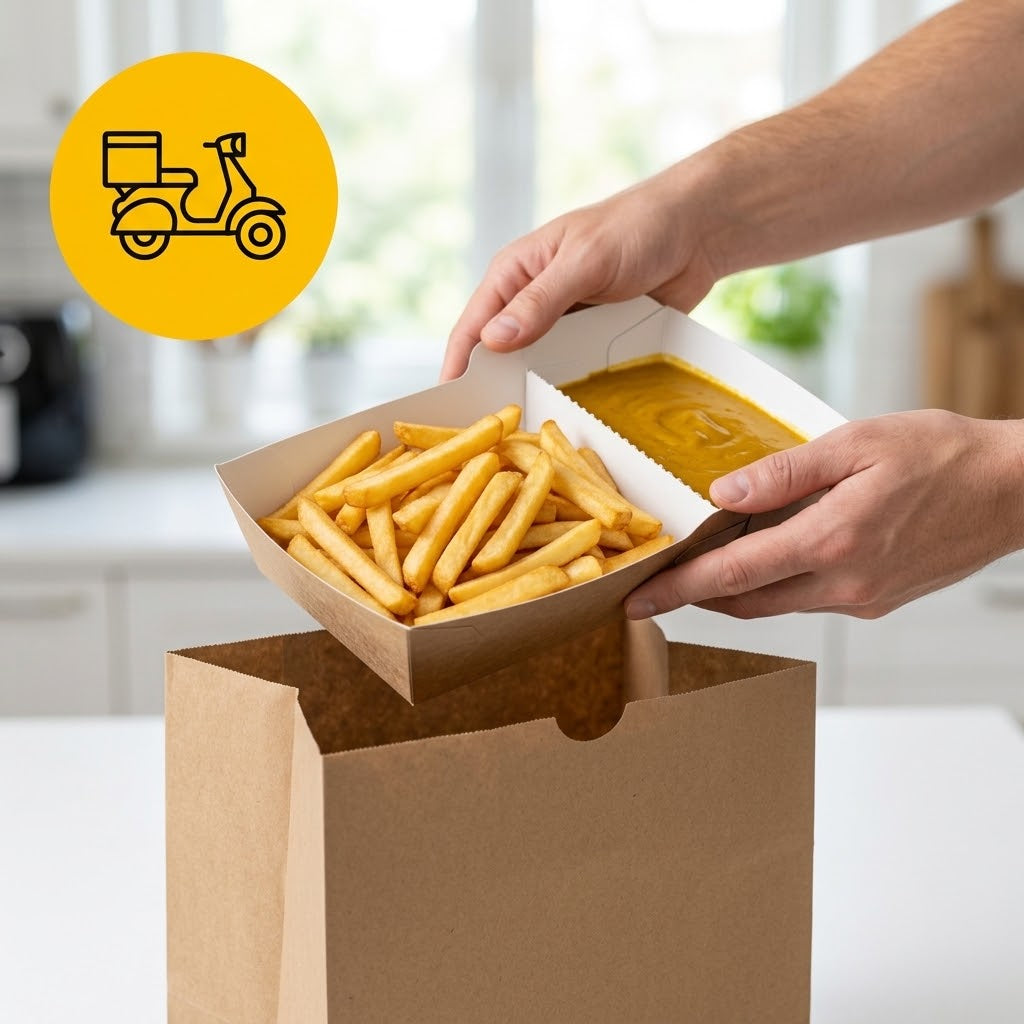 Frietbakjes met Sausvak, Snackbakje A23 (A7+1) Karton Kraft/Wit – 142 × 65 × 35 mm