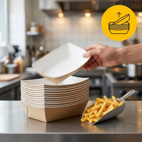 Frietbakjes, Snackbakje, A14 Karton Kraft/Wit – 150 × 85 × 43 mm