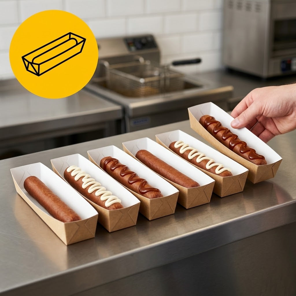 Kraft hotdogbakjes met witte binnenkant gevuld met hotdogs