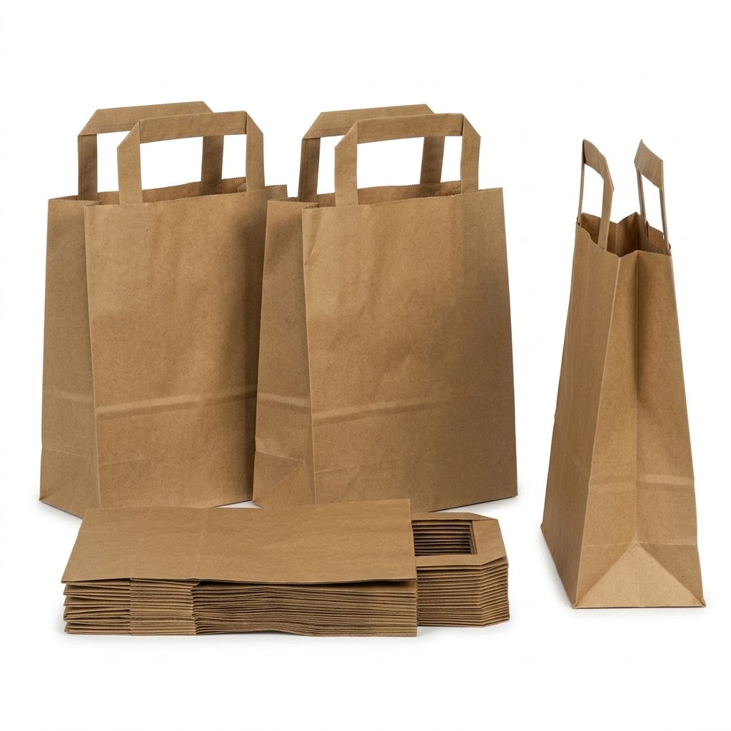 Papieren Draagtassen Klein 22x10x28cm Bruin – Tasjes Horeca - Plat Handvat