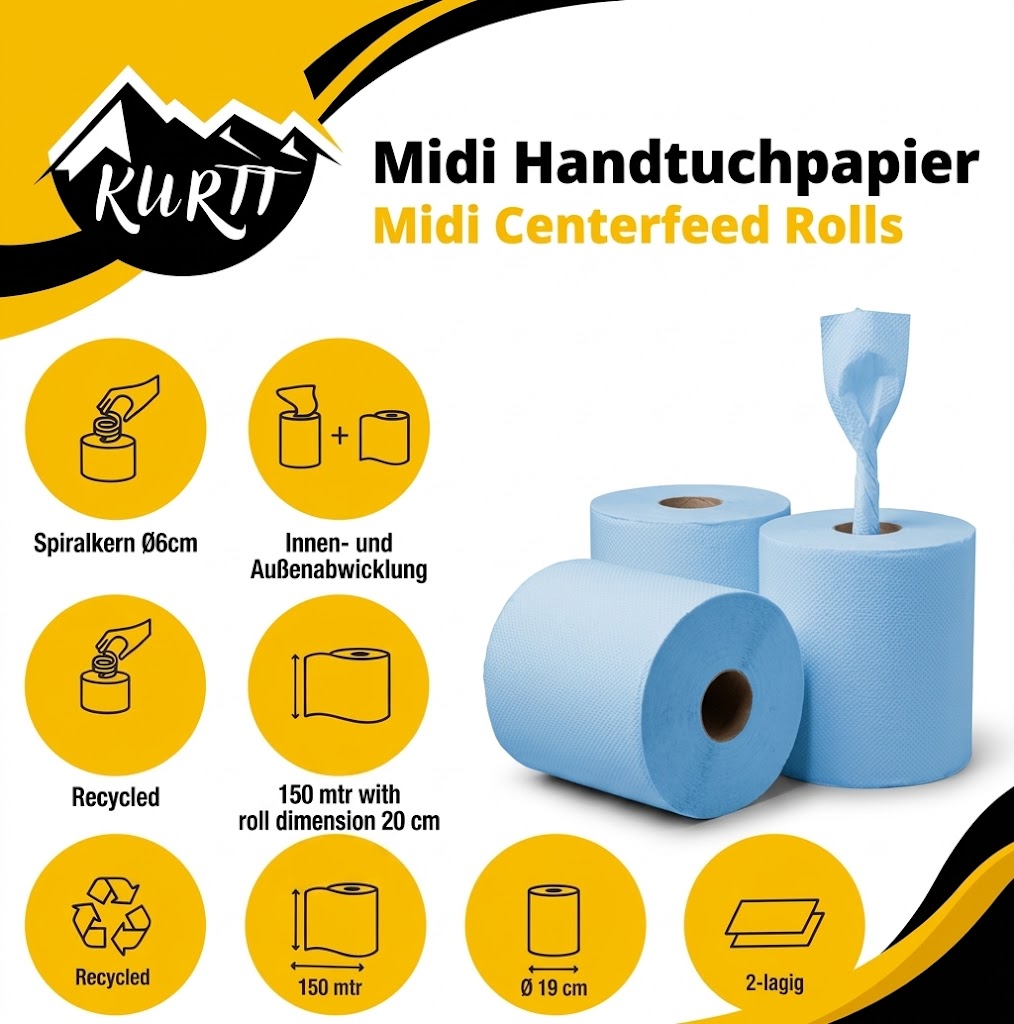 Blauwe midi poetsrollen van gerecycled papier, 6 rollen van 300 meter