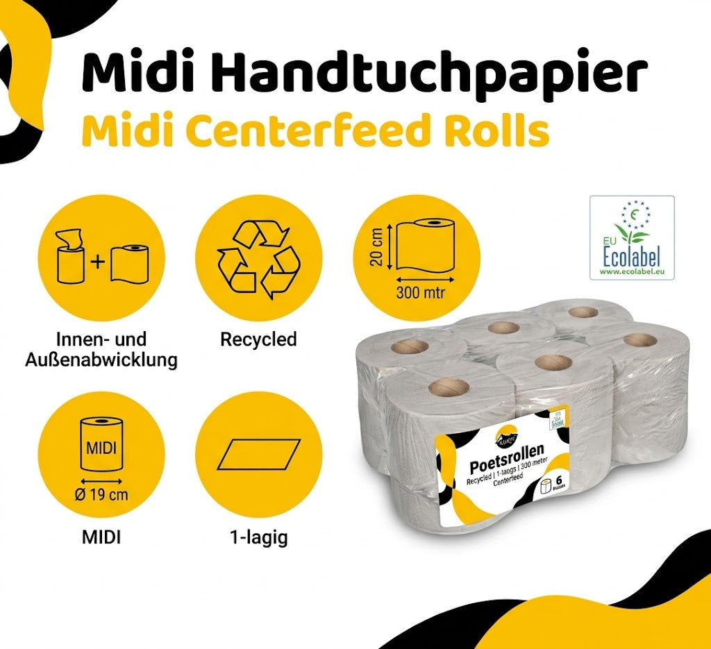 Grijze midi poetsrollen van gerecycled papier, 6 rollen van 300 meter