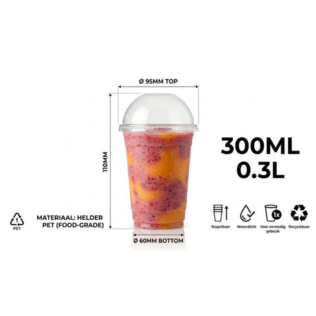 100x Smoothiebekers met Deksel 300ml Transparant Plastic