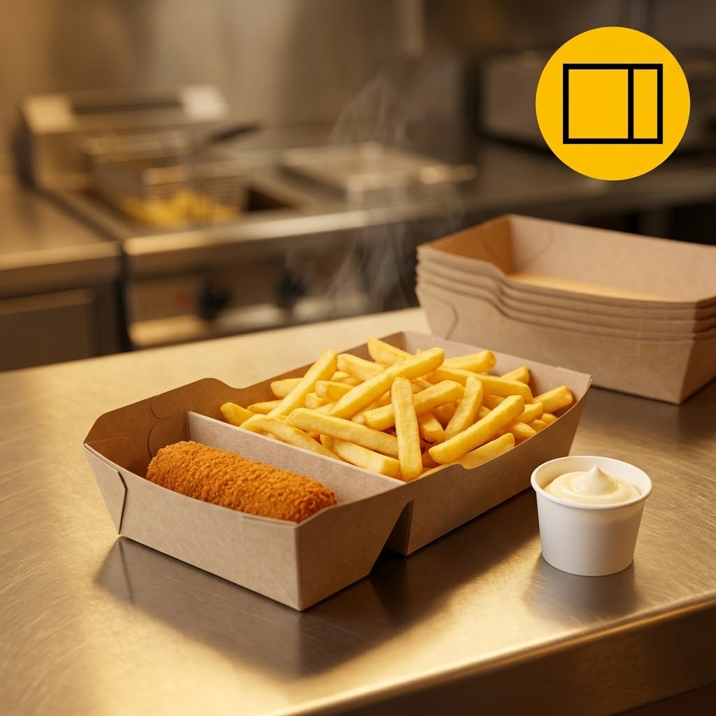 Kraft Snackbakjes A22 Vetvrij met Tussenschot – 176x65x35mm Kraftpapier Frietbakje | 50/100/500 stuks