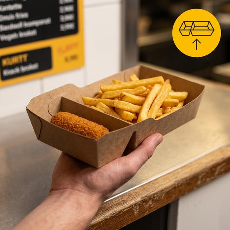 Kraft Snackbakjes A20 Vetvrij met Tussenschot – 210x115x48mm Kraftpapier Frietbakje | 50/100/500 stuks
